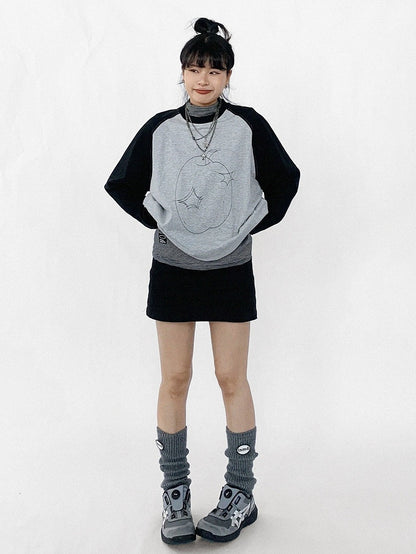 Gray Sleeve Black Neck Unisex Apple Print Long Daily Top Kawaii Round with