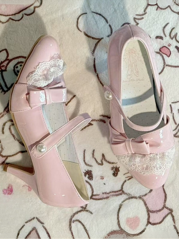 Trim Accent Lolita PU Lace Bow Heels Leather in Detachable Sweet Pink