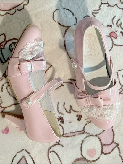 Trim Accent Lolita PU Lace Bow Heels Leather in Detachable Sweet Pink