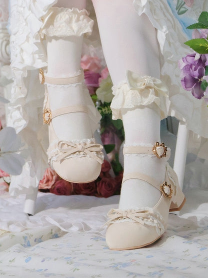 Sweet Snap Heart Bow with Closure Janes Mary PU Beige - Knotted Lace Lolita Trim