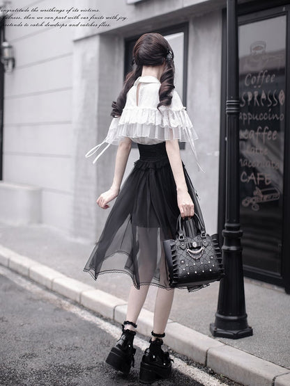 with Trim and Lace Jirai Kei White Cape Design Blouse Flat Collar Pointed