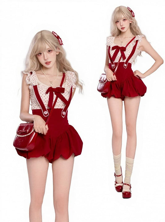 Salopette Short Bulle Rouge Dentelle - Sérénité
