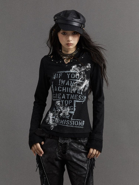 Schwarzes Fake-Zweiteiler-Top mit V-Ausschnitt und Buchstaben-Print