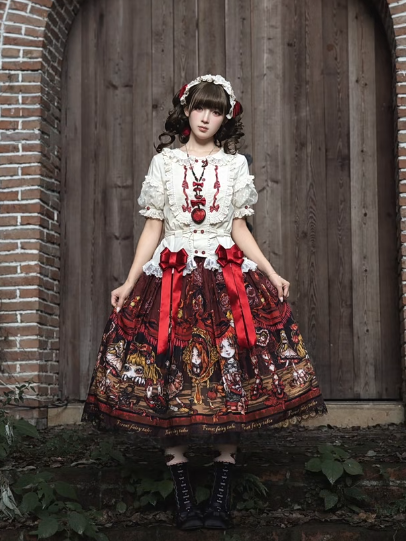 Red Shoes Story Black Red Lace Trimmed Lolita Skirt - Forest Fairy Tales