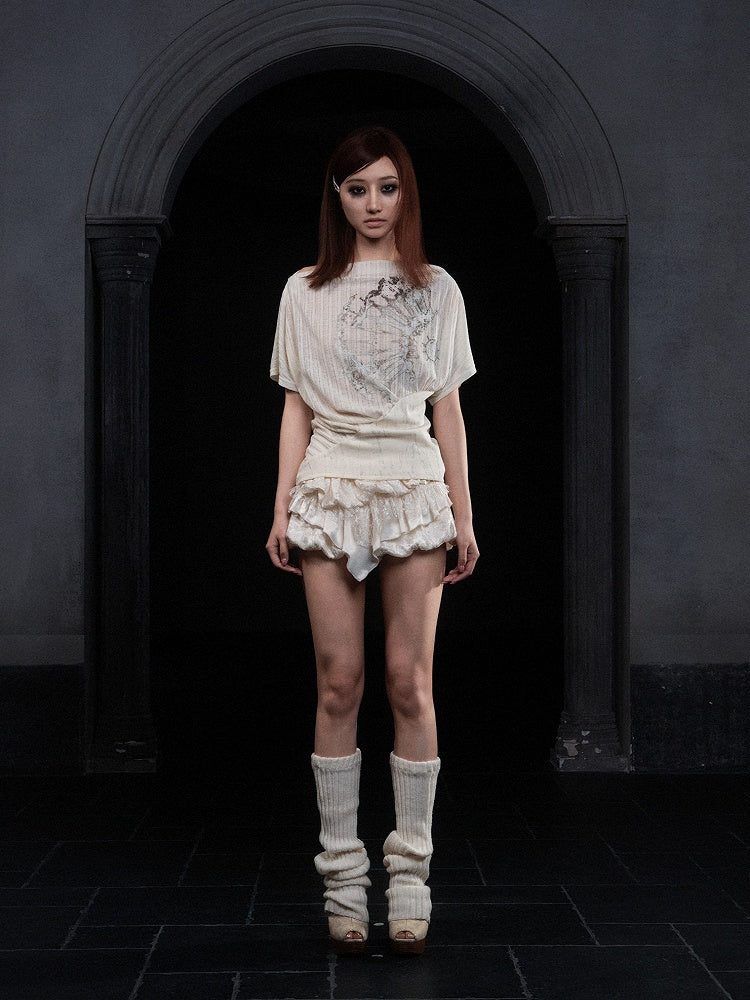 Punk with Semi-Sheer Apricot Top Off-Shoulder Prints Ruched