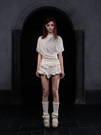 Punk with Semi-Sheer Apricot Top Off-Shoulder Prints Ruched