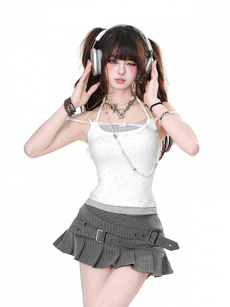 Grau/weißes Neckholder-Camisole mit Schleifendetails, zweiteilig, glamourös