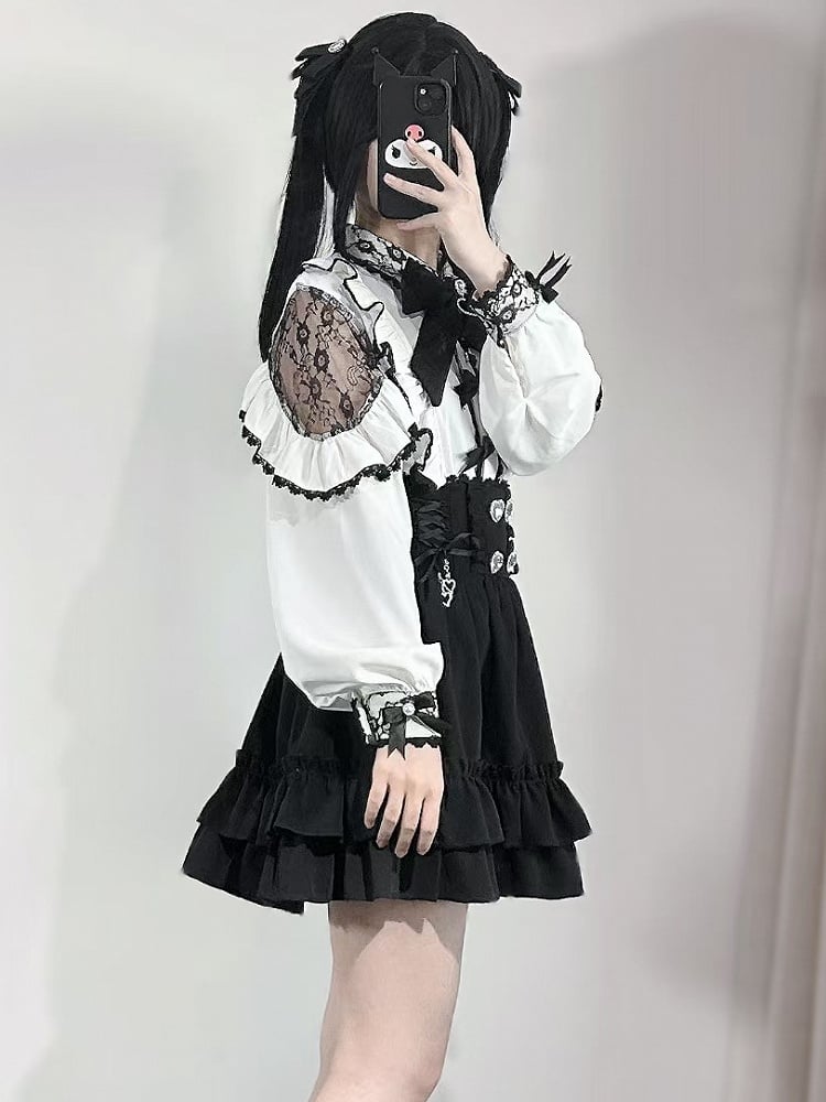 Skirt Decorated Jirai Heart Rhinestone Tiered Lace-up Kei Details Black