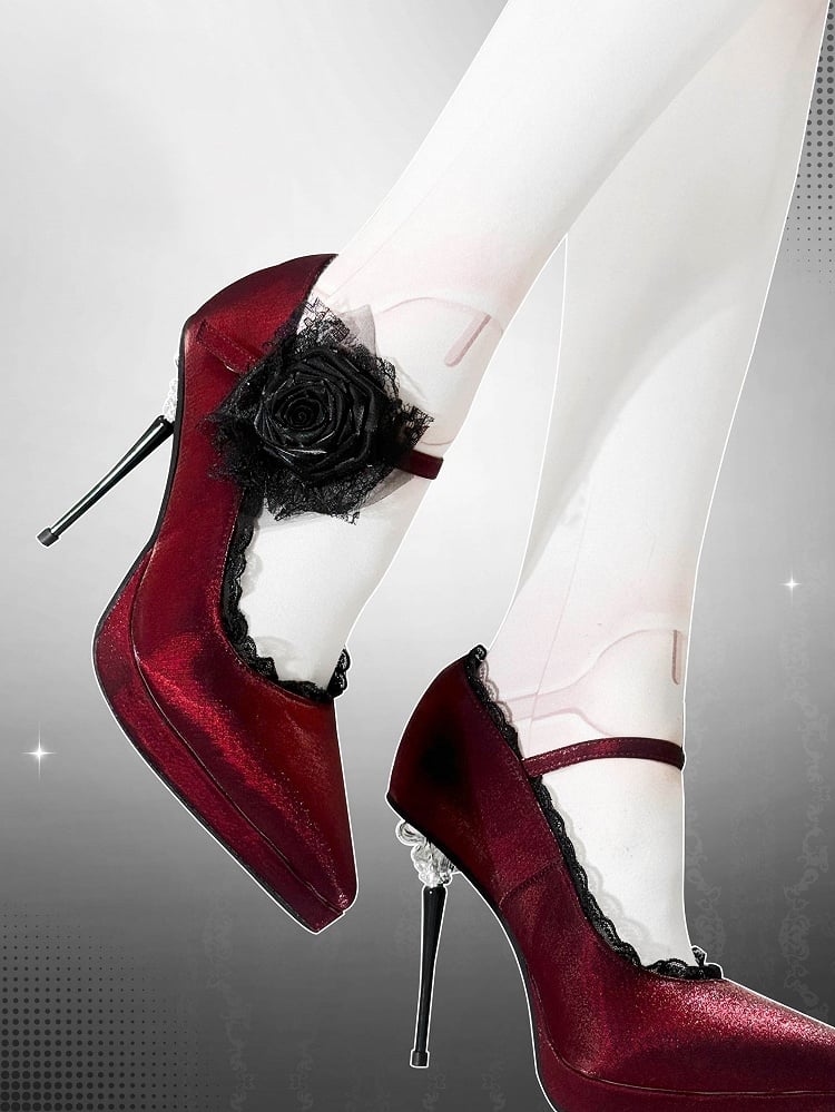 Satin Red Toe Floral High Decorated Heels Pointed Gothic