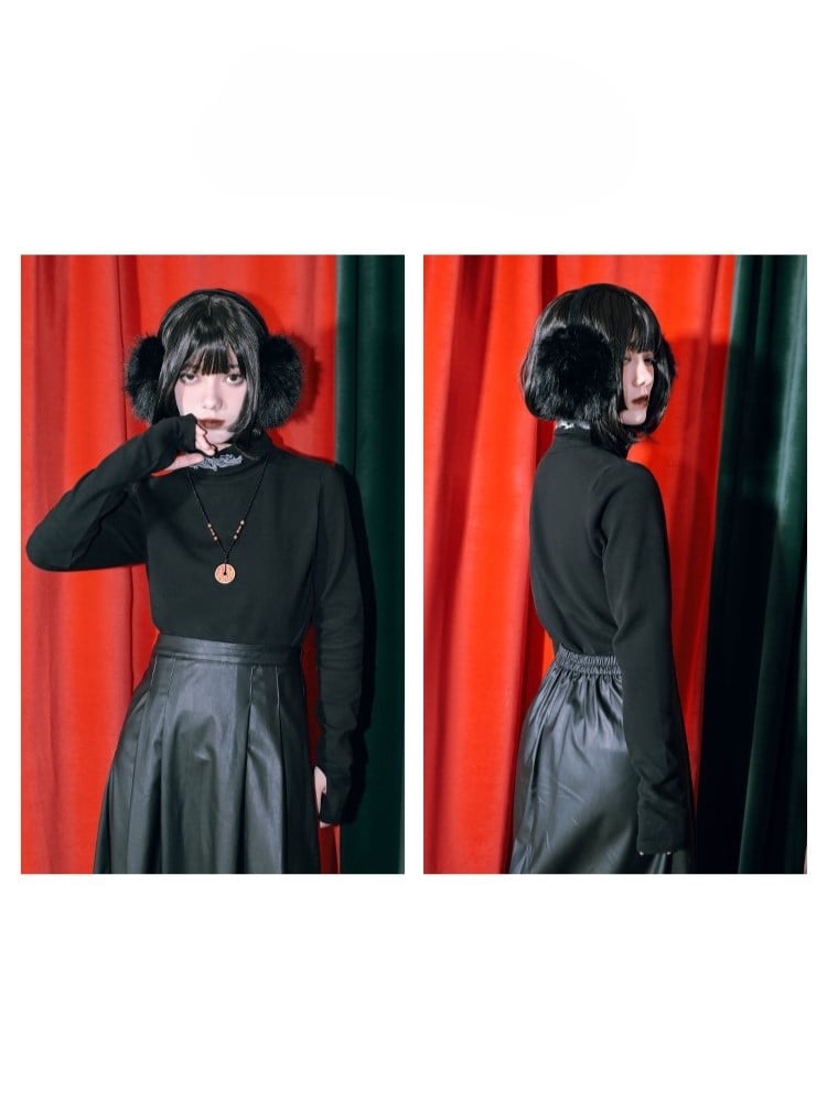 Gothic Dragon Top Collar Cheongsam Cuffs Print with Turtleneck Thin/Thick Black Thumbhole