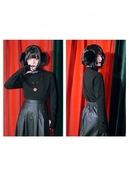 Gothic Dragon Top Collar Cheongsam Cuffs Print with Turtleneck Thin/Thick Black Thumbhole