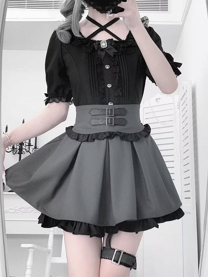 Gray Jirai Kei Double and Layers Skirt in Black with Double Buckle Straps  Garter