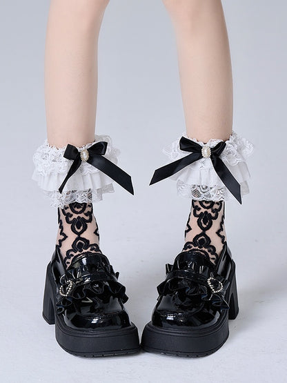 Decoration Lace Bowknot White/Black with and Trim Calf Lolita Socks