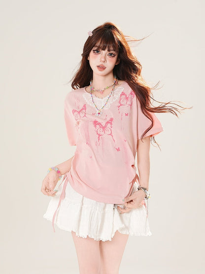 T-shirt Pink Neckline Lace with Drawstring Applique Print Side Butterfly