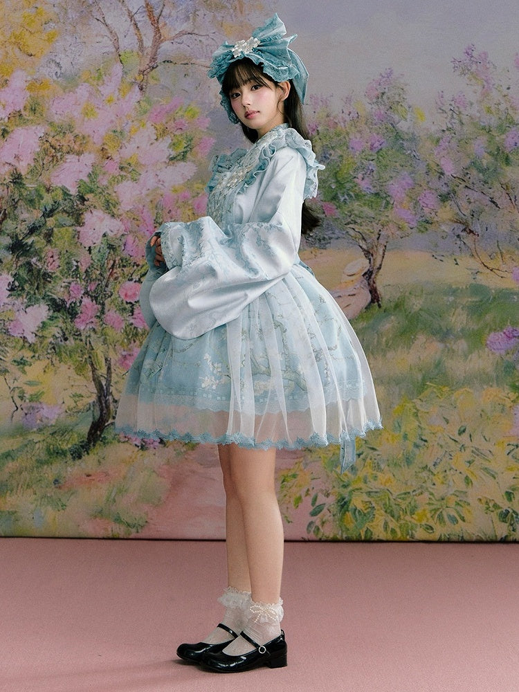 Mint Green Hanfu-Inspired Satin Long Sleeve Top with Floral Print - Yimu Walnut