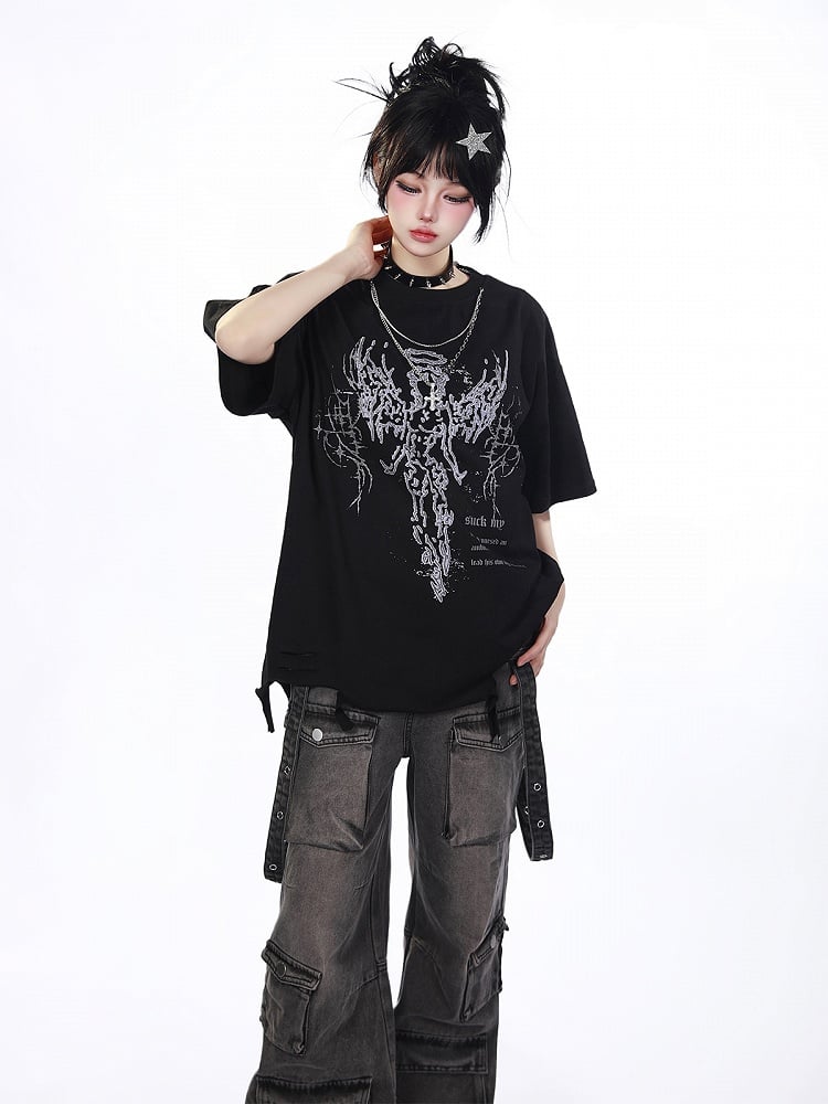 White/Black Distressed T-Shirt with Angelic Outline and Detachable Chain Cross