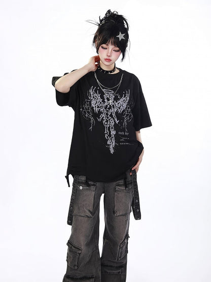 White/Black Distressed T-Shirt with Angelic Outline and Detachable Chain Cross