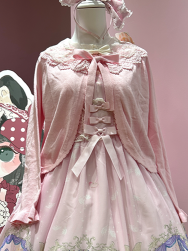 Knit Cardigan Pink Lace-Trimmed