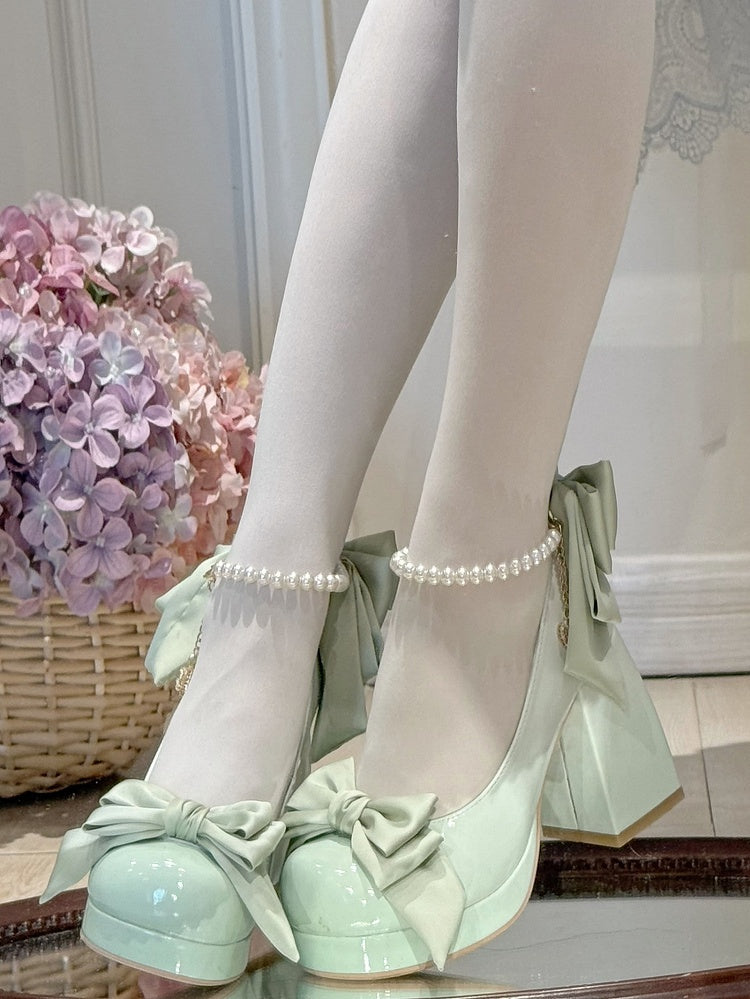 Green Sweet Toe Bowknot Lolita Platform Janes Round Mary Shoes Details