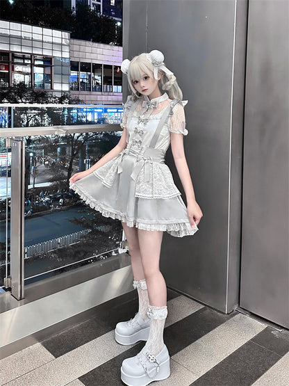 Ruffled Lace Trim Flutter Sleeves Kei Embellished Gray Bowknots Jirai Overalls