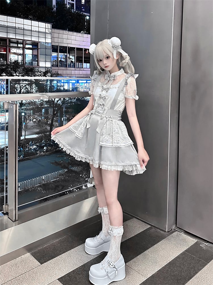 Gray Bowknot White Lace Calf Socks Kei Jirai