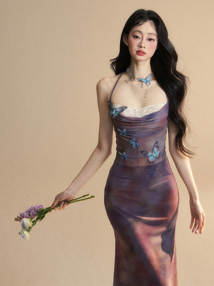 アクセントホルターパープルスリップドレスパッチバタフライレースネックグラマラス