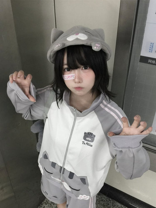 Jacket Kawaii Cat White with Gray Embellishments