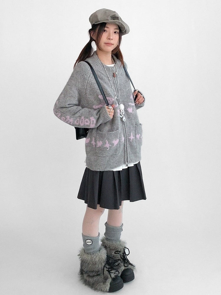 Two-way Pink Placket Zip Knit - Jacket Neck Round Grey