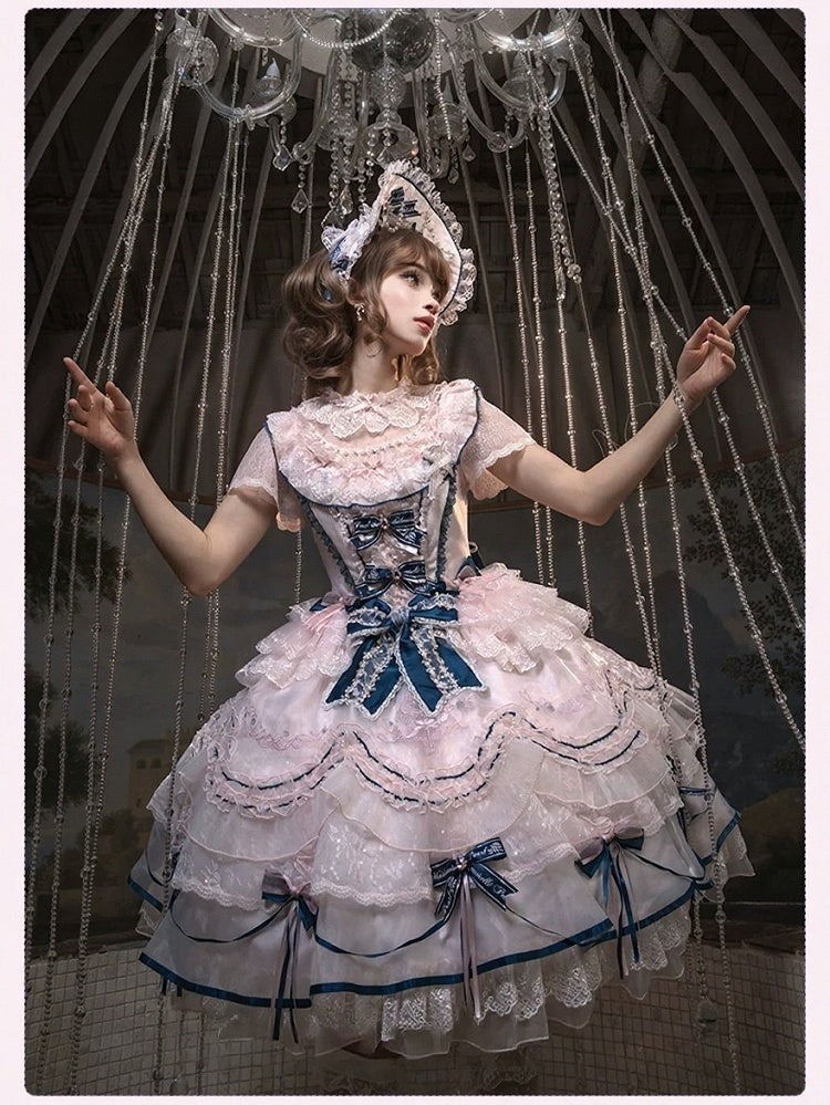 Sweet Bowknot & Embroidery JSK Dress with Lace Trim & Overlay - Mademoiselle Pearl