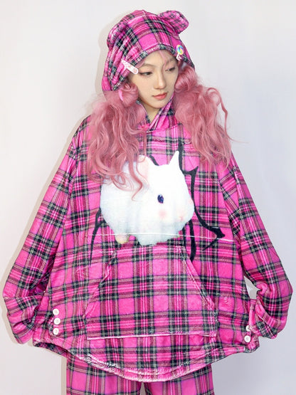 Pattern Hoodie Plaid Oversized Rose Fashion Bunny Red Print Gyaru