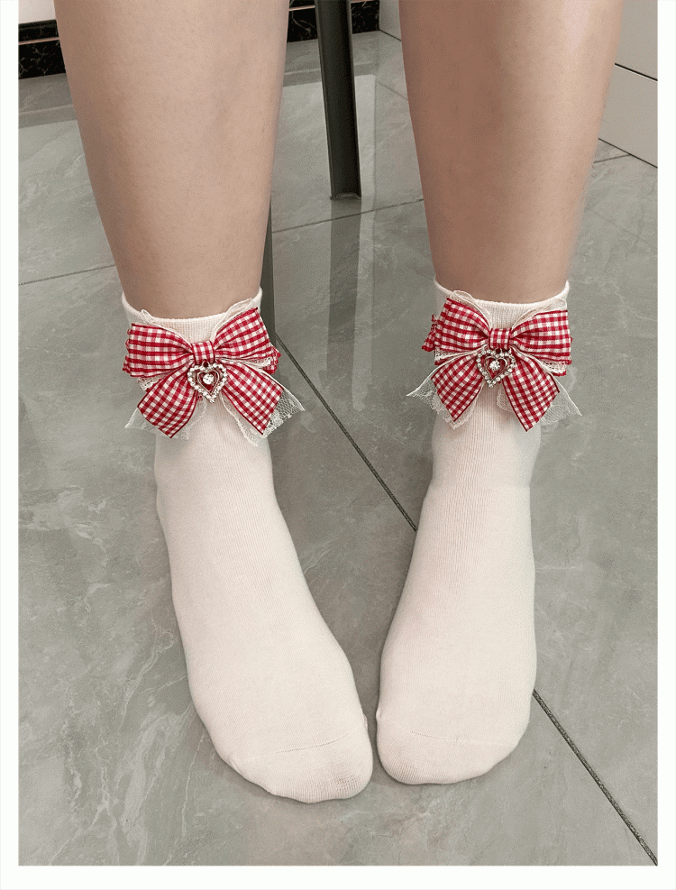 Kei Lolita White Plaid Bowknot with Sweet Ankle/Mid-Calf Socks Jirai Red Style