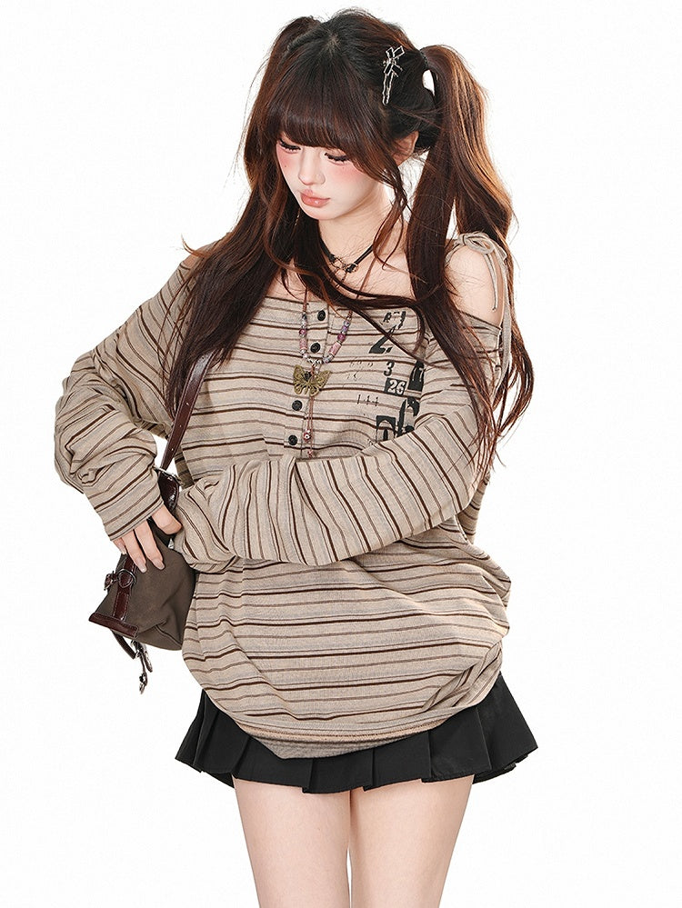 Khakifarbenes, schulterfreies Vintage-Streifen-Top