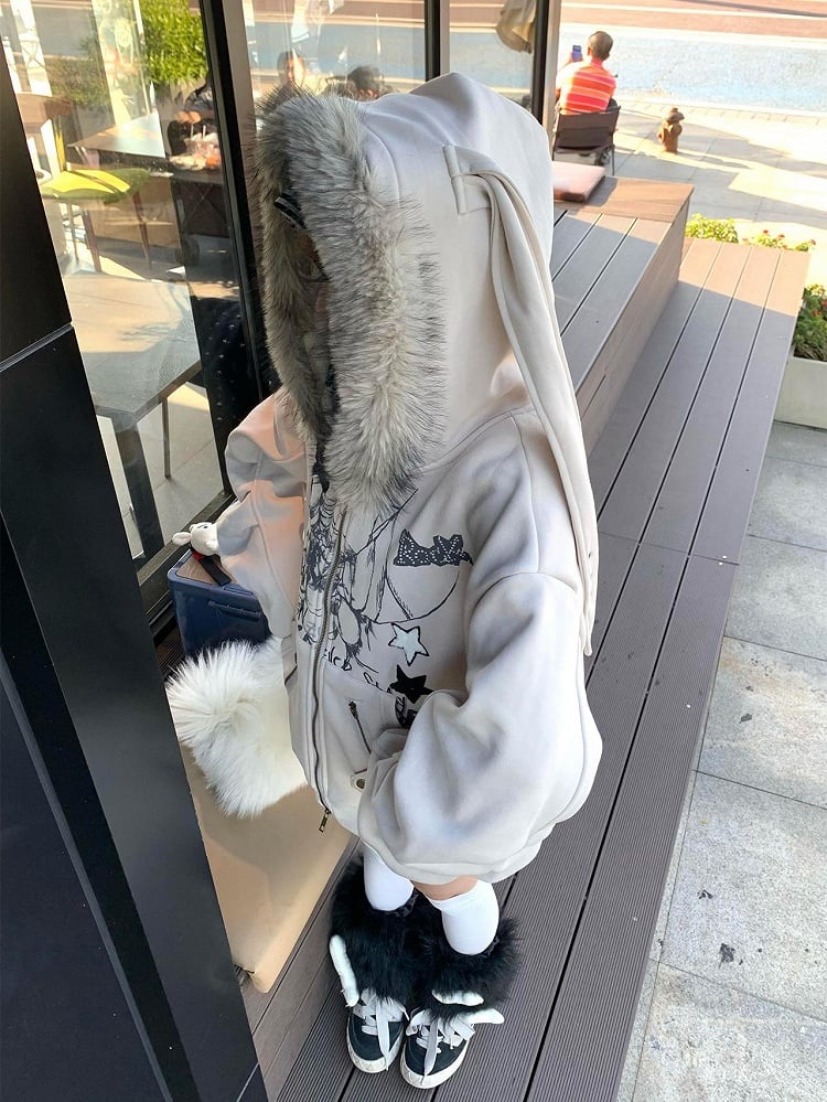 for Ear Y2K Jacket Khaki Hooded Zip-Up Rabbit Spring Hoodie