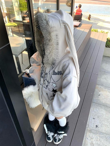 for Ear Y2K Jacket Khaki Hooded Zip-Up Rabbit Spring Hoodie