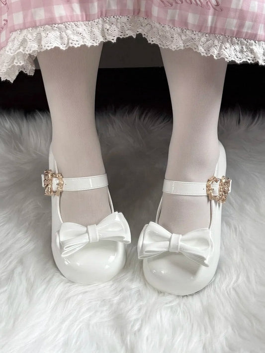 Janes Cat Lolita Clasp Details with Sweet White Low-heel Design Bow Mary