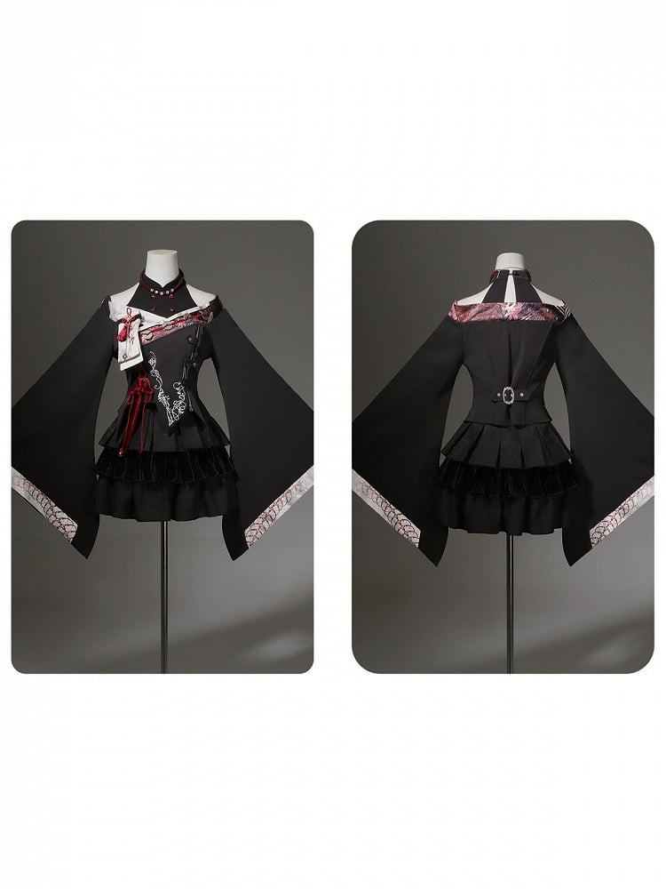 Chinese Style Black Red Wide Sleeve Asymmetrical Top Skirt Necklace Outfit - Unknown Star