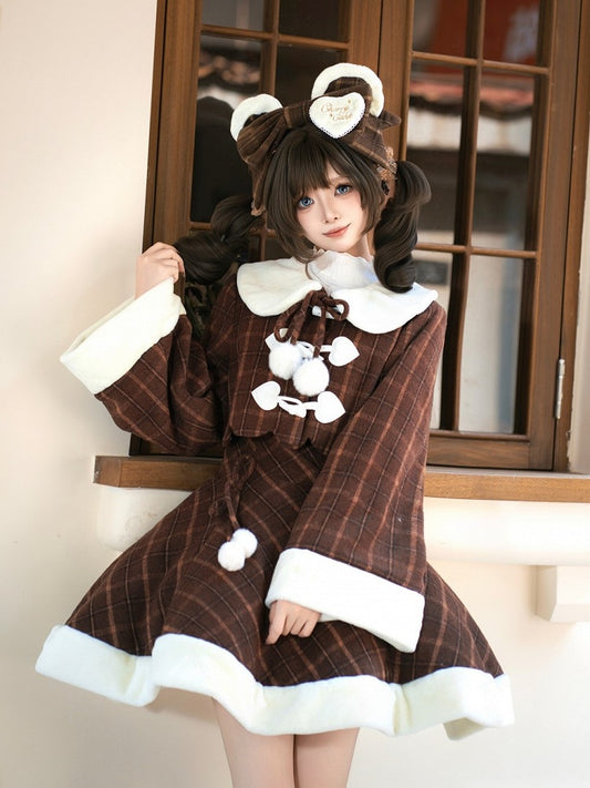 for Coat Lolita Dress Sweet and Paired Autumn with Winter Cherry Brown Embroidered Plaid