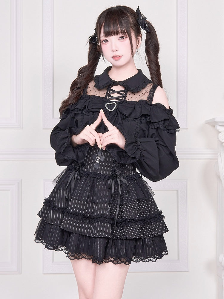 und Detail langes Top Illusion Ärmel Bluse Schulter Jirai mit schwarzem offenen Ausschnitt Kei
