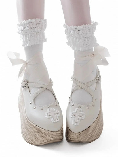 and Cross Gothic Lace-up Platform Shoes with Criss-cross Buckle Strap White Applique