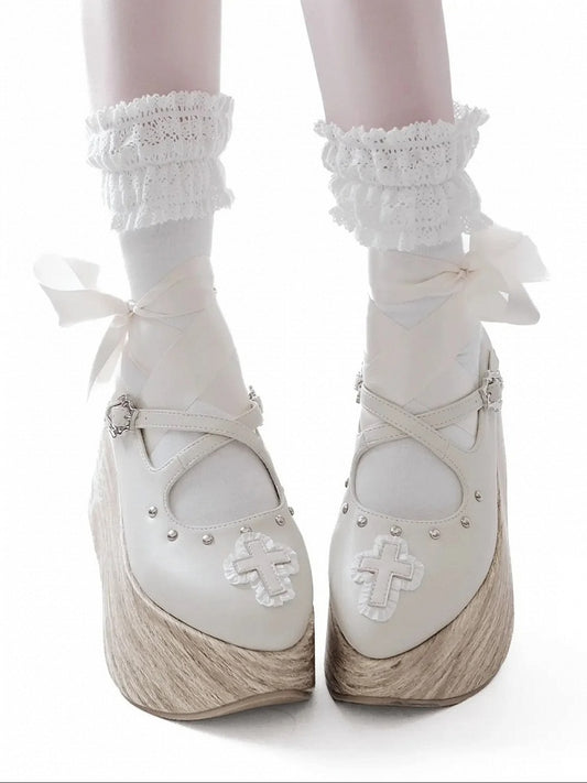 and Cross Gothic Lace-up Platform Shoes with Criss-cross Buckle Strap White Applique