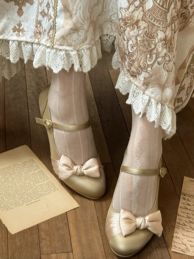 Bow Accents & Decorative Heart Snap PU Golden Mid Heels in Classic Lolita