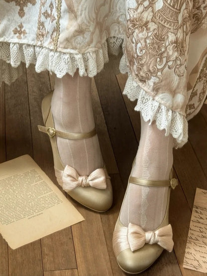 Bow Accents & Decorative Heart Snap PU Golden Mid Heels in Classic Lolita