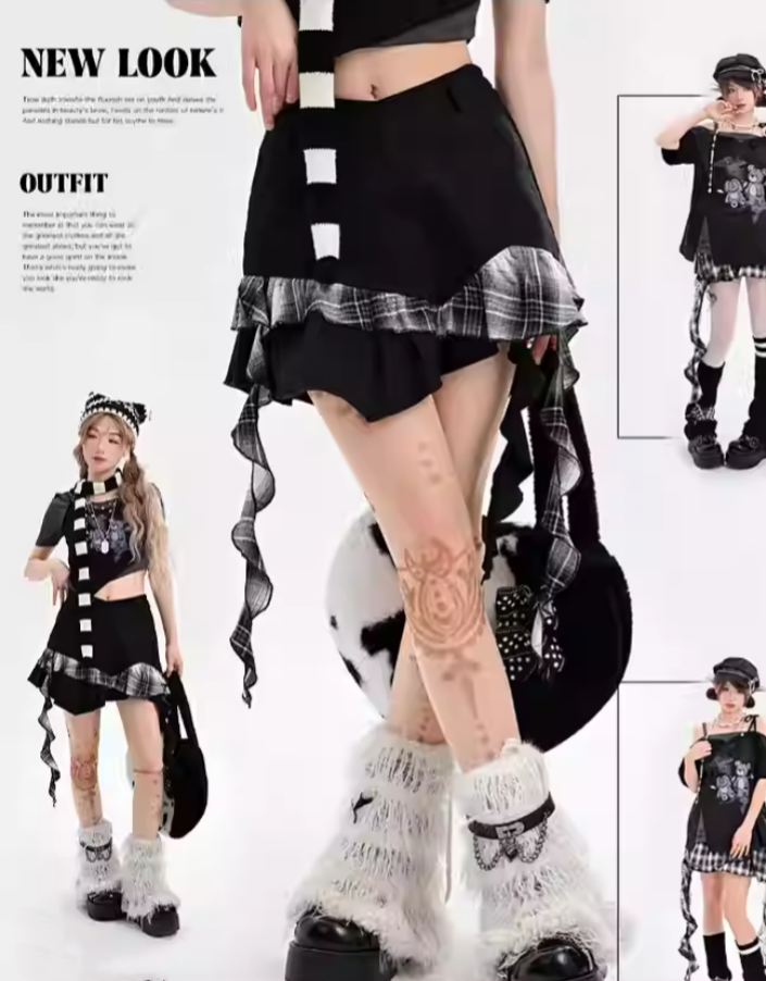 ブラックチェック柄アシンメトリーフリルヘムスカート