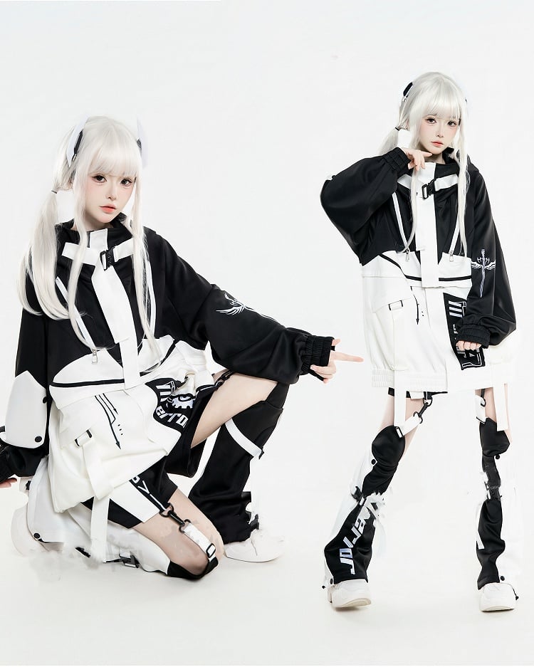 in Futuristic Techwear Detachable White Design Colorblock Landmine Style Black Jacket and