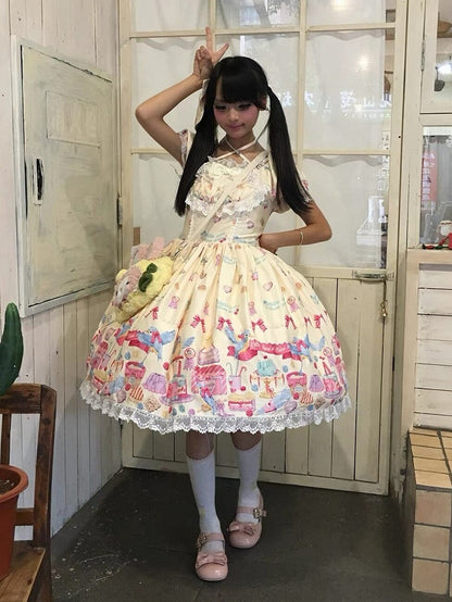 Yellow Halter Puff Sleeve Lolita OP Full Set with Dessert and Bird Print, Hairband, Baby Hat, Wrist Cuffs and Bow Hair Clip - Good Night Meow