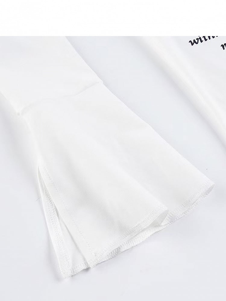 ホワイトプリントベルアシンメトリーレタービタースウィートスリーブヘムトップス