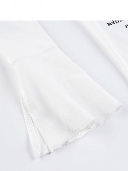 ホワイトプリントベルアシンメトリーレタービタースウィートスリーブヘムトップス