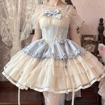 Beige Korsett Taille Big JSK Schnürung Sweet Lolita Balletcore Kleid Zug Schleife und mit Blau