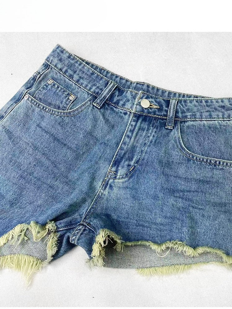Y2K Asymmetrische Shorts Saum Blau Denim