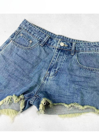 Y2K Asymmetrische Shorts Saum Blau Denim